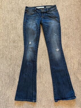 Guess Dark Wash Flare Jeans with Subtle Distressing